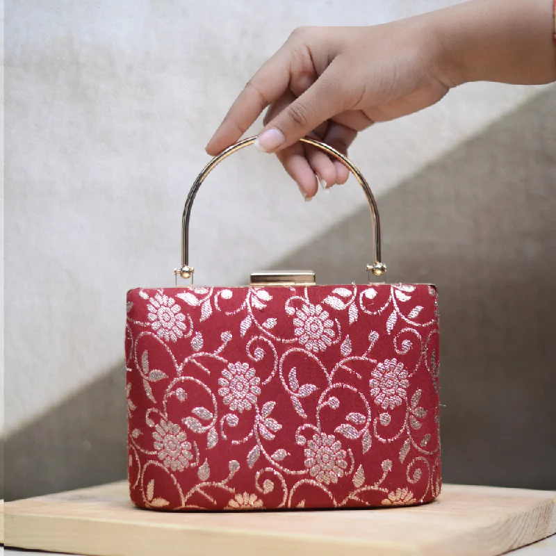 Women's satin clutch with a beaded flower accent for a glamorous eveningArtklim Red Floral Patter Brocade Party Clutch