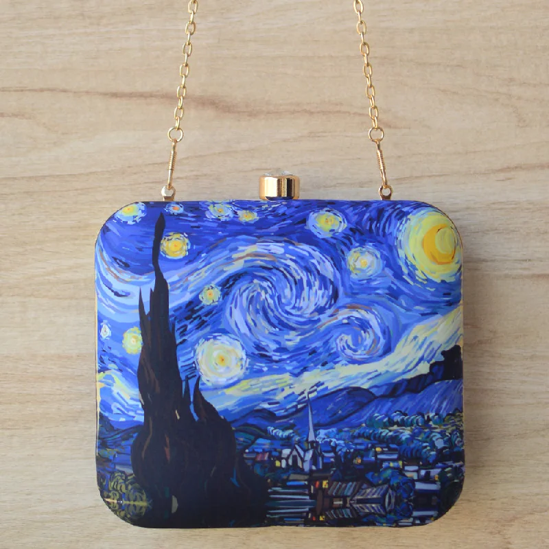 Leather evening bag with a gold - plated chain strap for a sophisticated lookArtklim Starry Night Printed Clutch