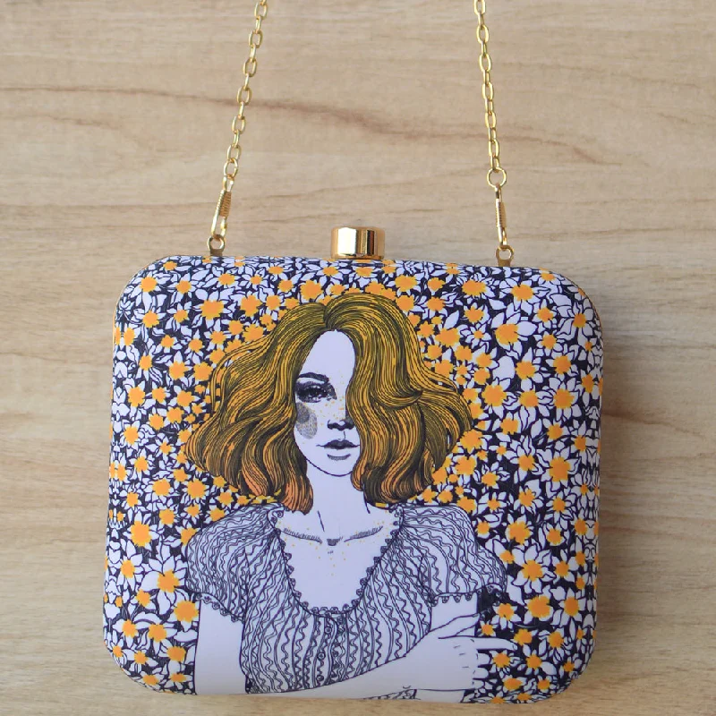 Leather evening bag with a gold - plated chain strap for a sophisticated lookArtklim Sunflower Girl Printed Clutch