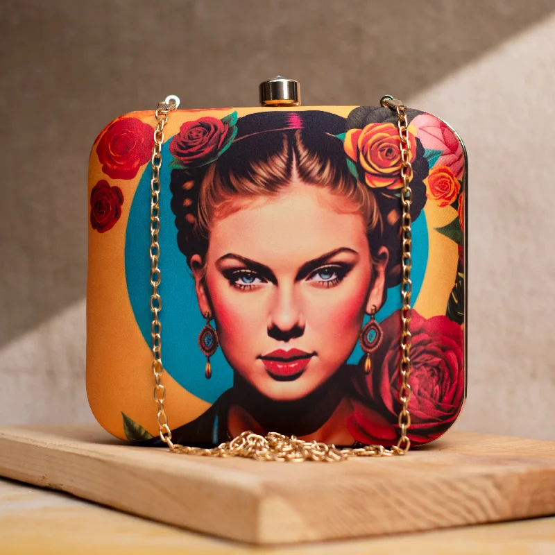 Leather evening bag with a gold - plated chain strap for a sophisticated lookArtklim Taylor Swift Printed Clutch