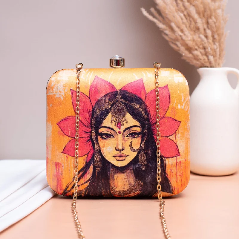 Velvet clutch with a tassel detail for a bohemian - chic styleArtklim Yellow Based Indian Woman Printed Clutch