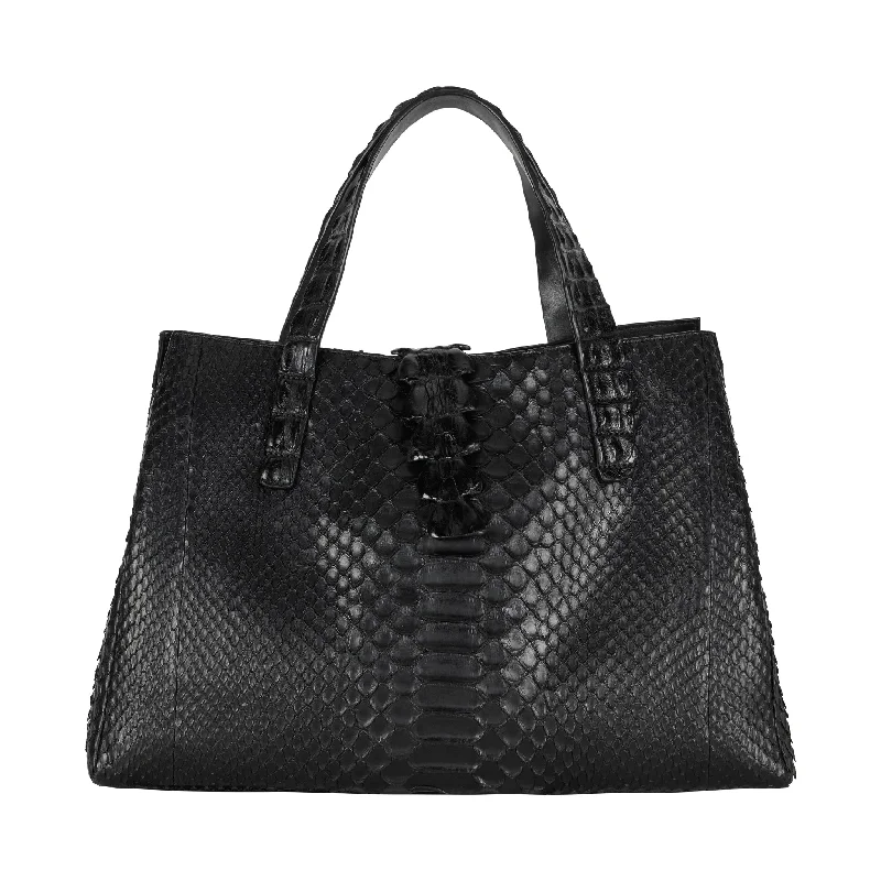 Silk - lined handle bag with a smooth interior to protect belongingsCrocodile + Python Tote Bag - Black