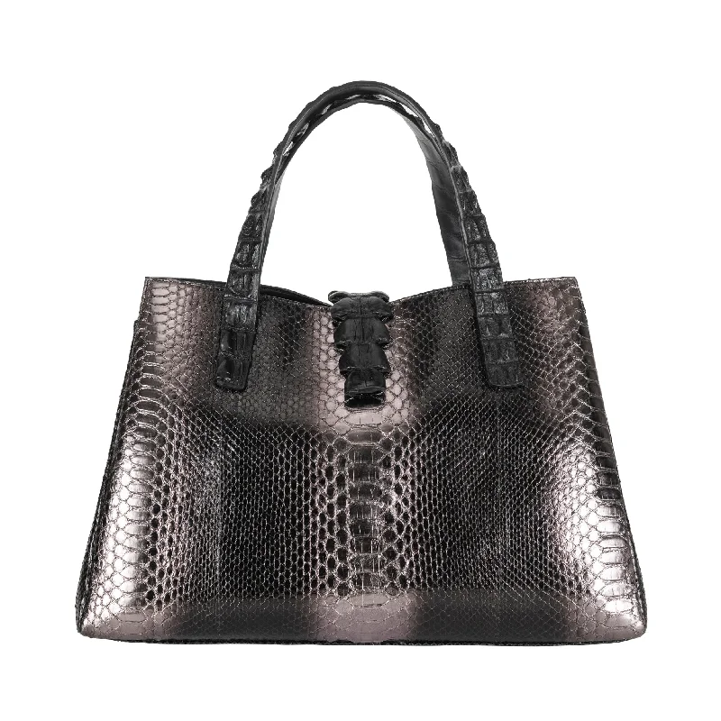 Patent leather handle bag in a bright red color for a bold fashion statementPython + Crocodile Tote Bag - Black Pewter