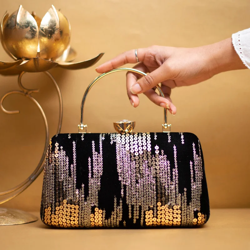 Clutch with a built - in mirror and compact for on - the - go touch - upsBlack Sequins Embroidery Party Clutch