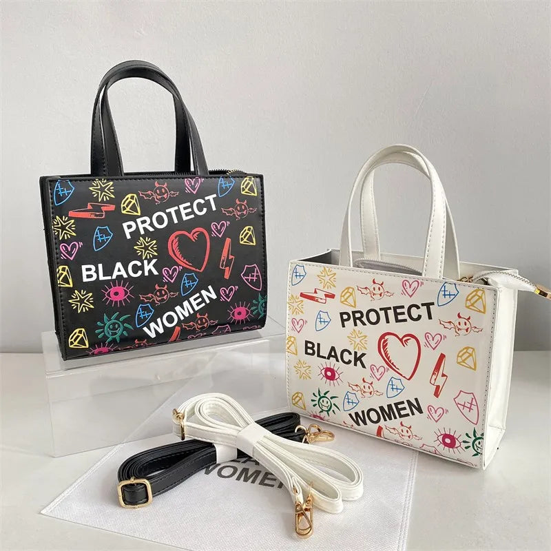 Women's lace - trimmed satin clutch bags for formal occasionsBM9011 New Arrival Protect Black Women Bag and bucket hat set graffiti bag 2023 ladies Leather graffiti purse handbags