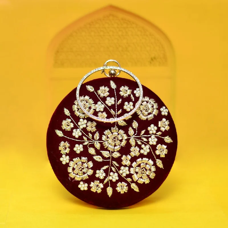 Laser - cut leather evening bag with an intricate patternBridal Maroon Embroidery Clutch Bag