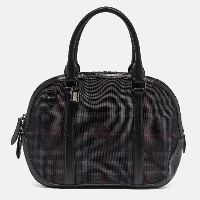 Women's leather satchel with a hand-stitched edge for a premium lookBurberry Black Haymarket Check Nylon And Leather Orchard Bag