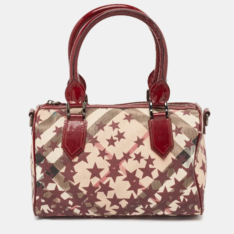 Color-blocked satchel with bold and bright colors for a trendy lookBurberry Burgundy/beige Star Print Supernova Check Coated Canvas And Patent Leather Chester Bag