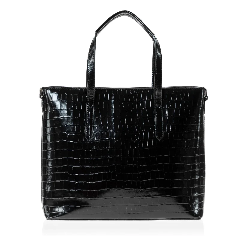 Laser - cut leather handle bag with a geometric pattern for a modern and edgy lookCabas Tote Bag (Black Croc-Embossed)