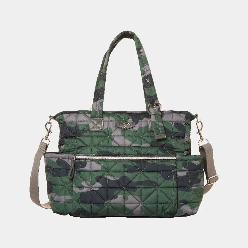 Leatherette handle bag with a quilted diamond pattern and a magnetic snap closureCarry Love Diaper Bag Tote in Camo Print 3.0 **Sold out, but available on Amazon**