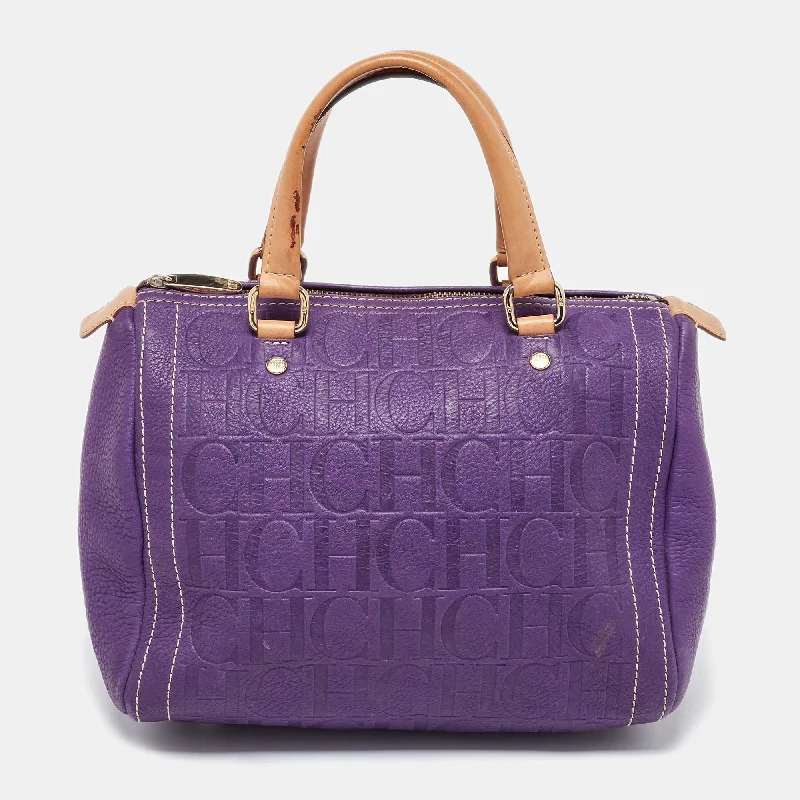 Vegan leather satchel for eco-conscious consumersCh Carolina Herrera Purple Monogram Leather Andy Boston Bag