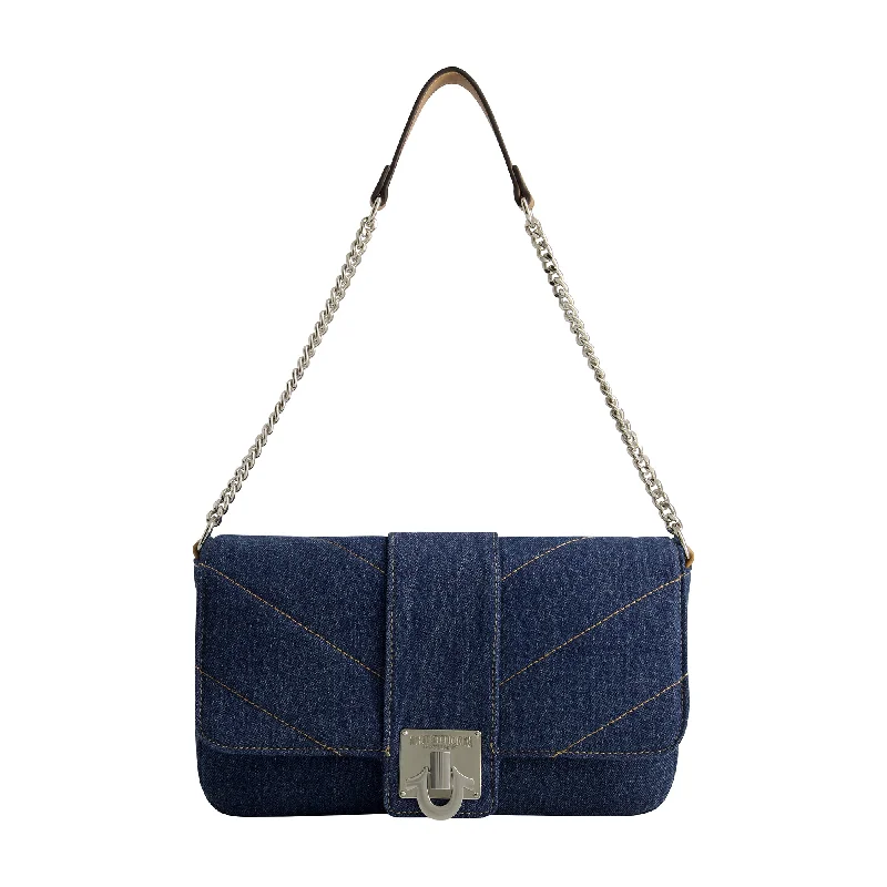 Shoulder bag with a detachable and adjustable strap for customized wearDENIM BRASS HARDWARE FLAP