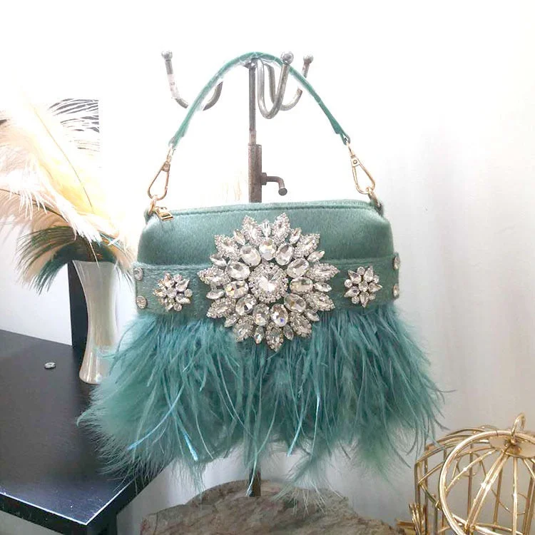 Color - blocked women's nylon waist bags with bold patternsDesigner Wedding Party Handbag Rhinestone Feather Evening Tote Bag Ladies Luxury Ostrich Fur Women Purse and Handbag