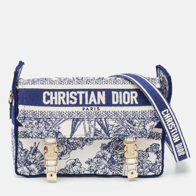 Women's leather satchel with a hand-stitched edge for a premium lookDior Navy Blue/white Embroidery Canvas Diorcamp Bag