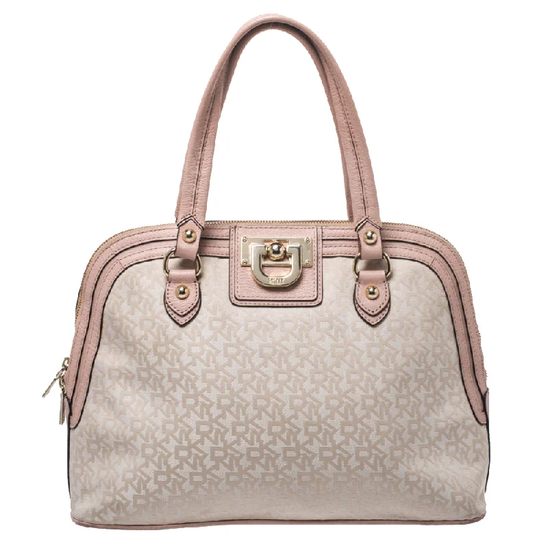 Satchel with a detachable strap for easy customizationDkny /beige Signature Canvas And Leather Dome Satchel