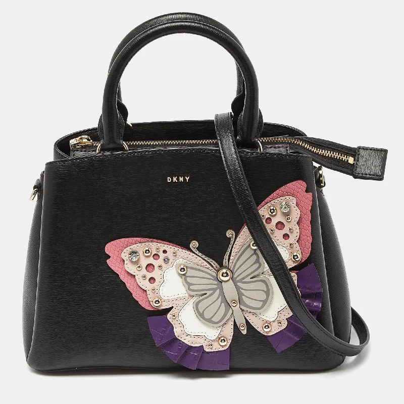 Satchel with multiple compartments and dividers for organizationDkny Black Leather Butterfly Embellished Paige Satchel