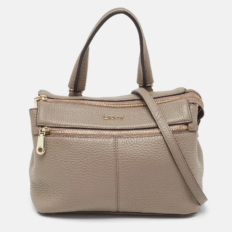 Satchel with a detachable strap for easy customizationDkny Grey Leather Front Zip Top Handle Bag