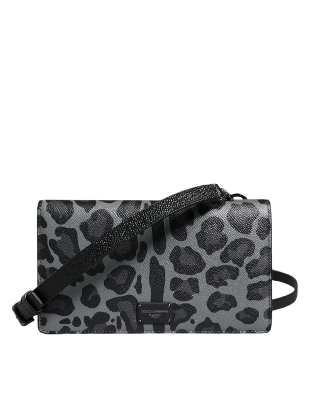 Vegan leather crossbody bag for eco - conscious consumersDolce & Gabbana Black Gray Leopard Leather Bifold Card Slot Crossbody Bag