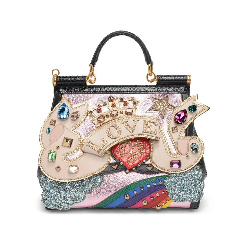 Embroidered silk handle bag with intricate peacock motifs for a touch of luxuryDolce & Gabbana Multi-Colour Sicily Love Bag