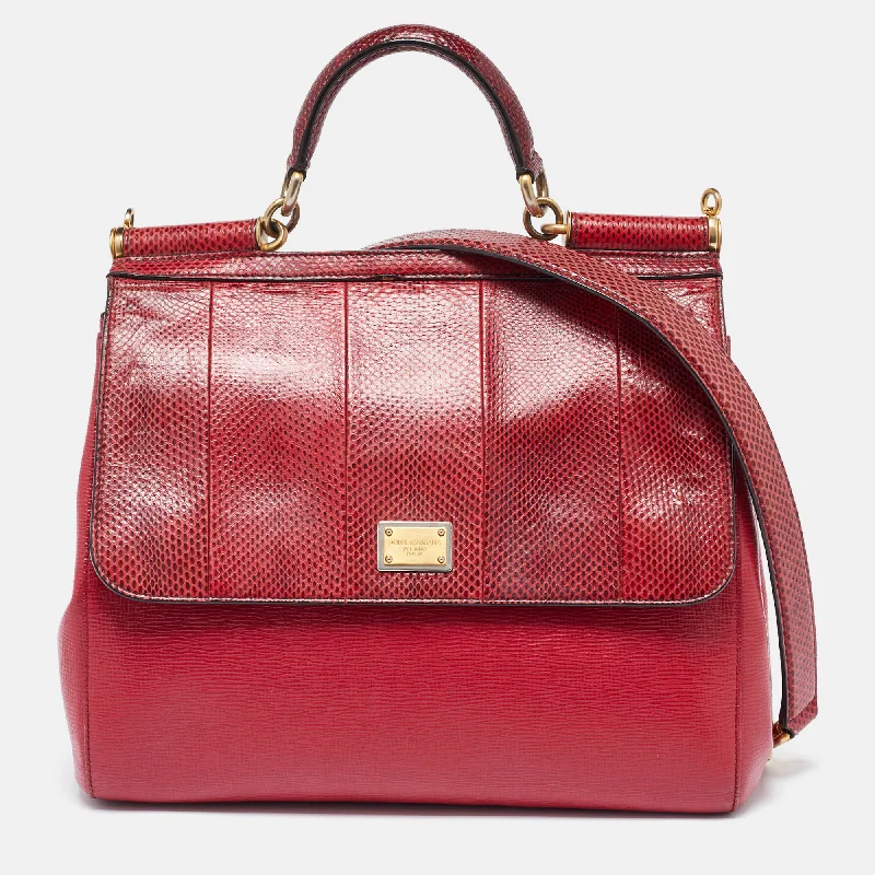 Satchel with a hidden anti-theft pocket for securityDolce & Gabbana Red Watersnake And Leather Large Miss Sicily Top Handle Bag