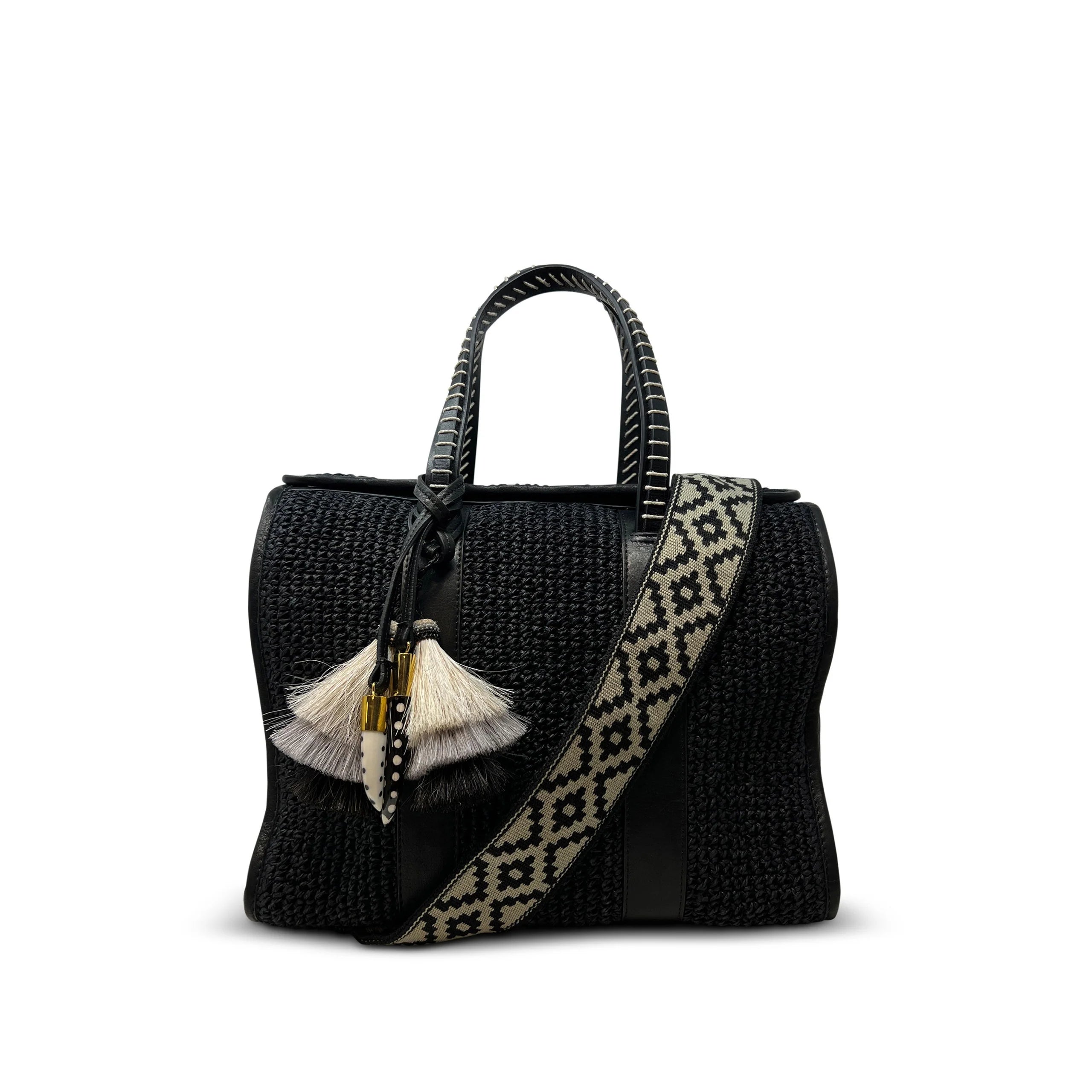 Women's genuine leather handle bag with a classic saddle shape and gold - tone hardwareElla Black Raffia