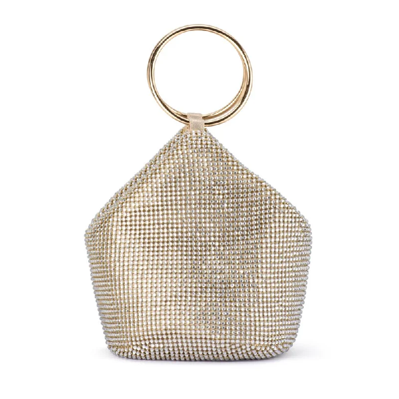 Soft suede handle bag in a muted olive shade for a sophisticated and earthy feelELLIE Crystal Mesh Handle Bag