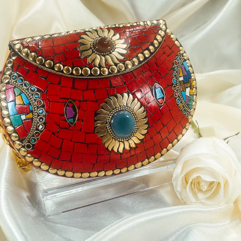 Women's satin clutch with a beaded flower accent for a glamorous eveningFARAH Mosaic Clutch