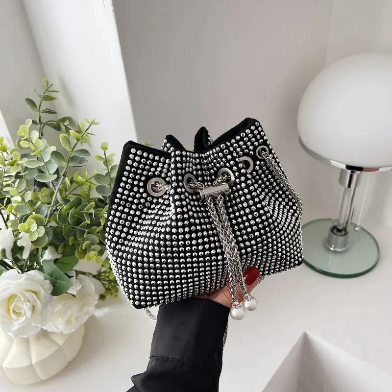 Women's silk - lined leather makeup bags with multiple compartmentsFashion Rhinestone Bucket Bags Women Handbags Ladies Shoulder Bling Purses and Handbags 2022