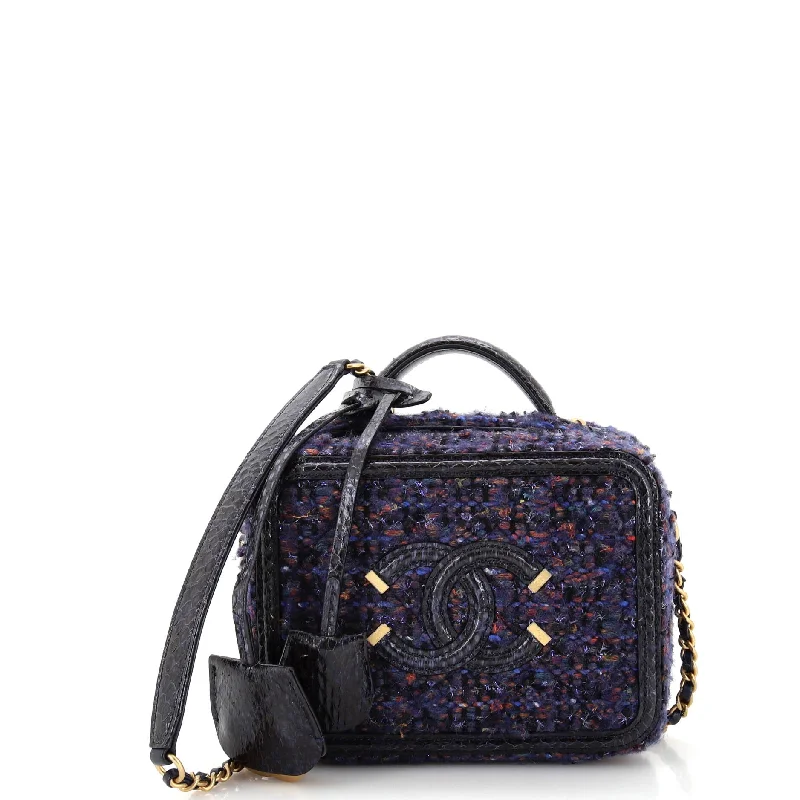 Satchel with a hidden anti-theft pocket for securityFiligree Vanity Case Quilted Tweed with Snakeskin Small