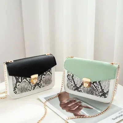 Women's tassel - detailed canvas beach bags with waterproof liningsG182 Women's Fashionable New Designer Snake Skin PU Leather Mini Shoulder Bag Chain Color Contrast Small Mobile Phone Money Bag