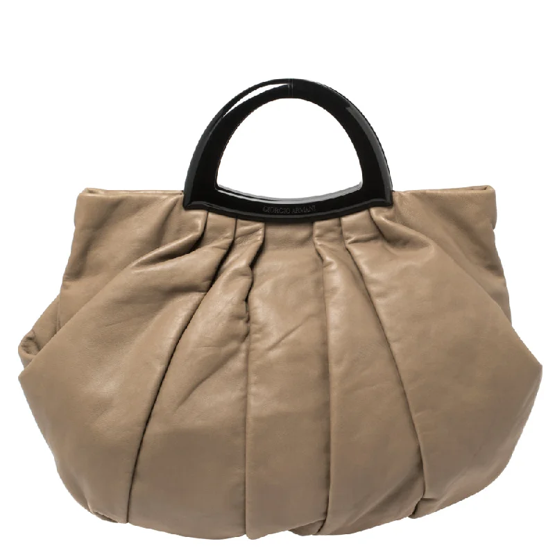 Vegan leather satchel for eco-conscious consumersGiorgio Armani Taupe Leather Pleated Top Handle Bag