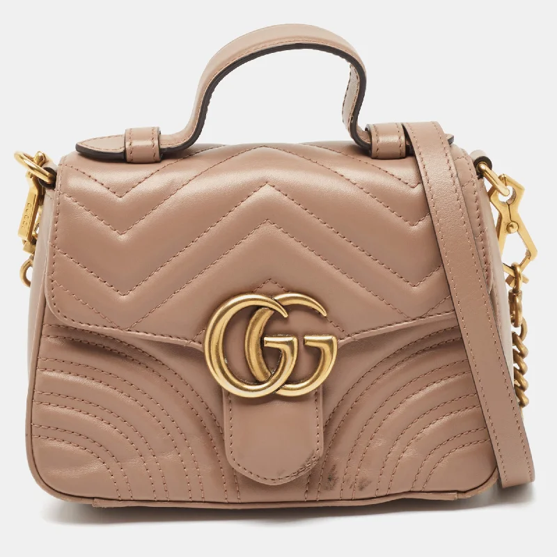 Gucci Beige Matelasse Leather Mini Gg Marmont Top Handle Bag