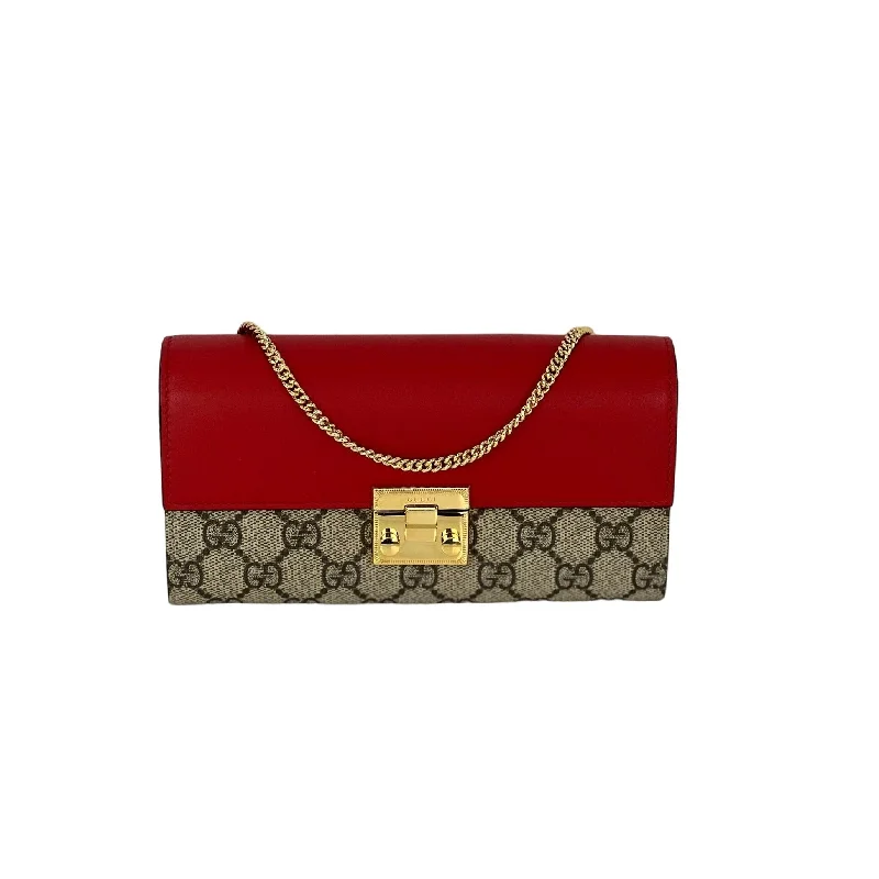 Fur - trimmed evening bag for a luxurious winter eventGucci GG Supreme Continental Wallet on a Chain Red Pink Clutch