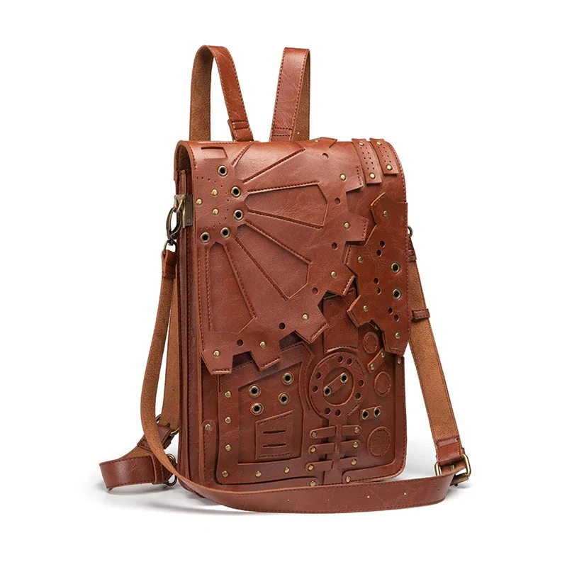 Women's RFID - blocking leather wallets and card cases setHot Sale Fashion Retro Style Wheel Gear Decoration Leather Backpack  2 in 1 Steampunk Shoulder Bag Leather Backpacks