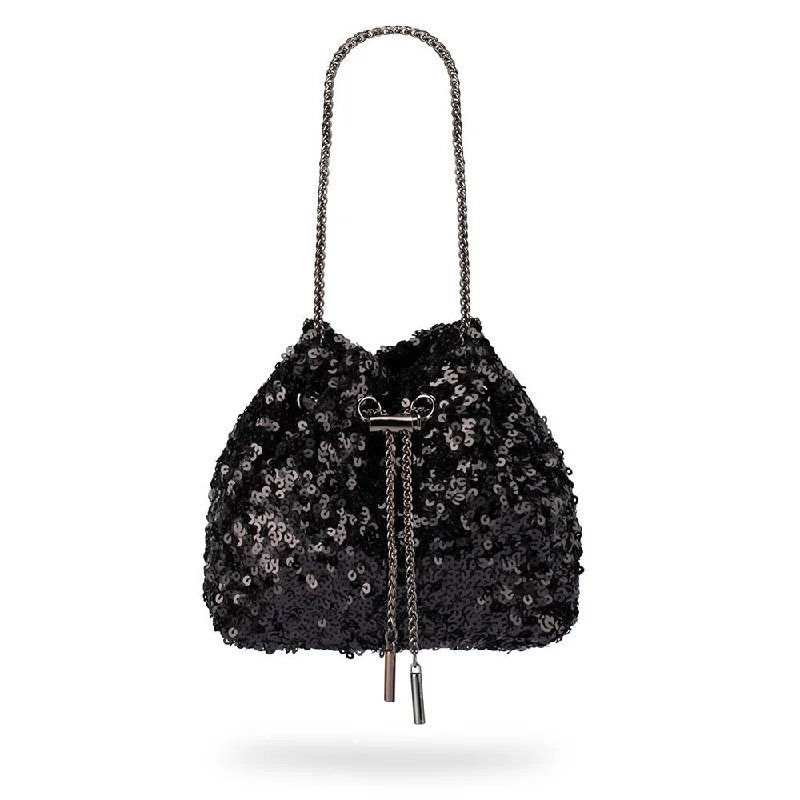 Handle bag with multiple interior compartments and a zippered pocket for organizationILANA Sequin Drawstring Bag