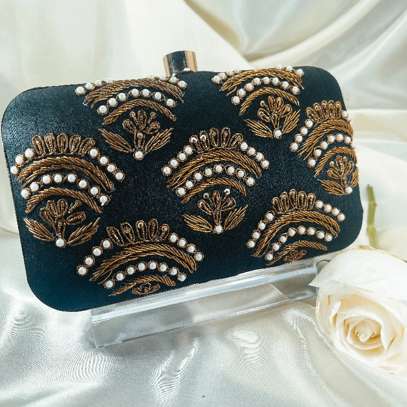 Embroidered silk clutch with a traditional motif for a cultural touchKIARA Clutch (Black)