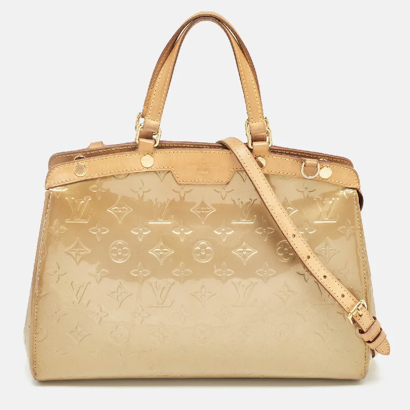 Leatherette satchel with a quilted pattern for a sophisticated styleLouis Vuitton Beige Poudre Monogram Vernis Brea Mm Bag