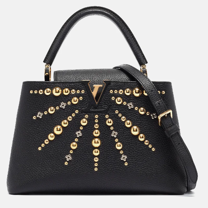 Women's leather satchel with a hand-stitched edge for a premium lookLouis Vuitton Black Leather Studded Sol Capucines Pm Bag