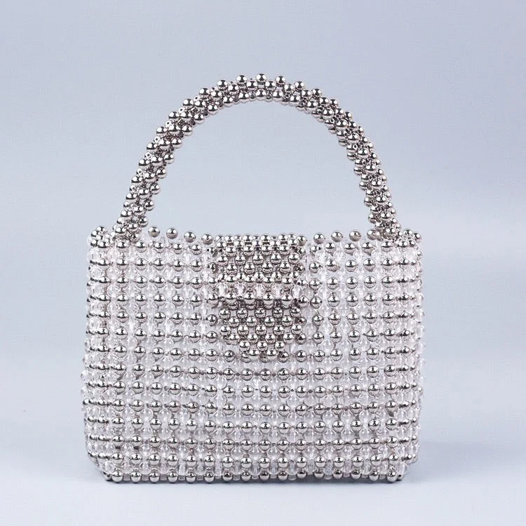 Vintage - style women's canvas messenger bags with brass hardwareLuxury Fashion Women's Handmade Banquet Party Shoulder Bucket Pearl Bag Female Wedding Ladies Clear Beaded Tote Handbag