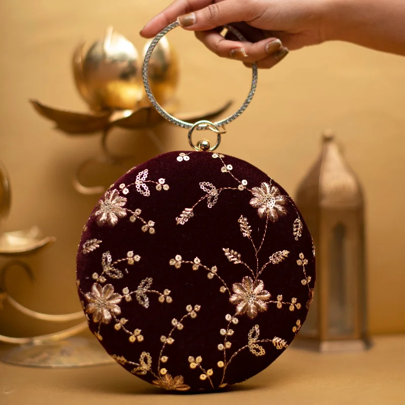 Geometric - shaped evening bag for a contemporary aestheticMaroon Floral Embroidery Round Clutch