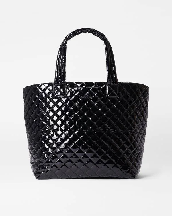 Laser - cut leather handle bag with a geometric pattern for a modern and edgy lookMetro Tote Deluxe Large Black Lacquer