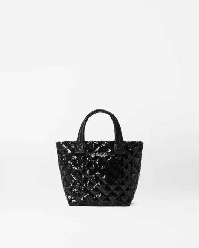 Women's genuine leather handle bag with a classic saddle shape and gold - tone hardwareMetro Tote Deluxe Micro Black Sequin