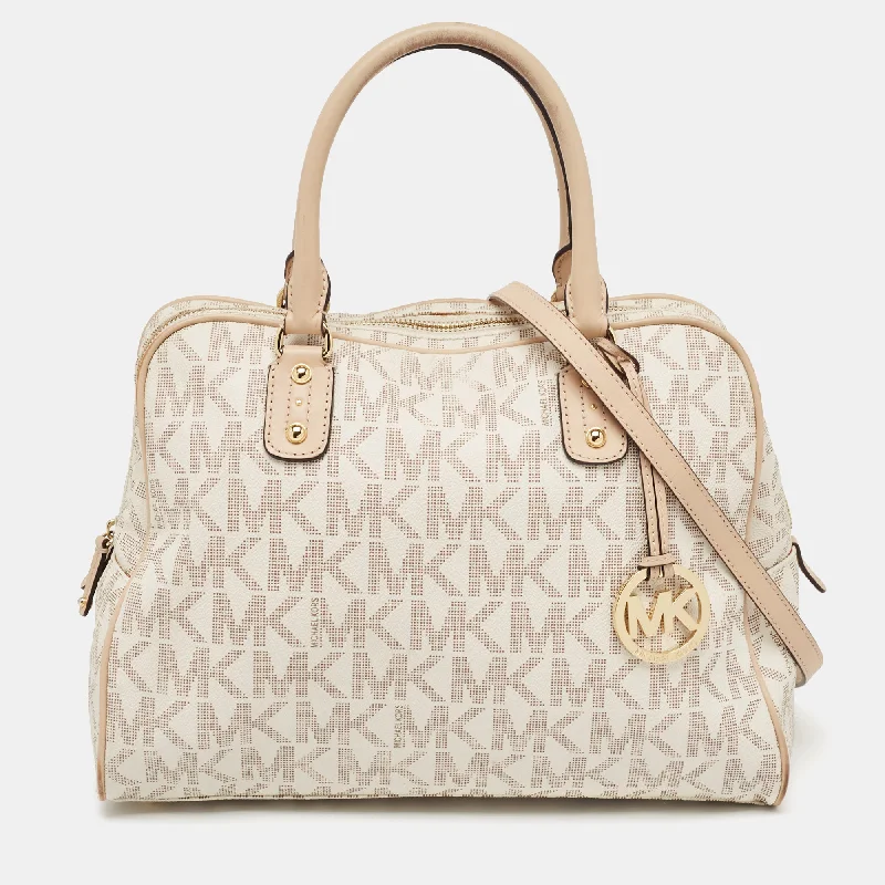 Metallic satchel with a shiny finish for evening eventsMichael Kors Beige/white Signature Coated Canvas And Leather Charm Satchel