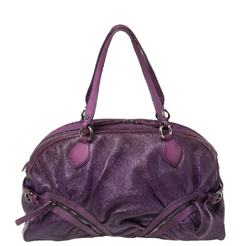 Moschino Purple Crinkled Patent Leather Double Zip Pocket Duffel Bag