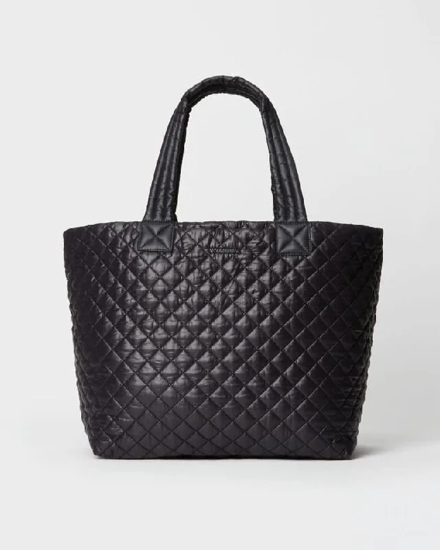 Leatherette handle bag with a quilted diamond pattern and a magnetic snap closureMetro Tote Deluxe Large Black