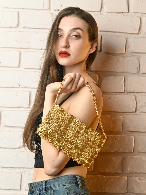 Women's satin clutch with a beaded flower accent for a glamorous eveningOdette Golden Metal Clutch For Women