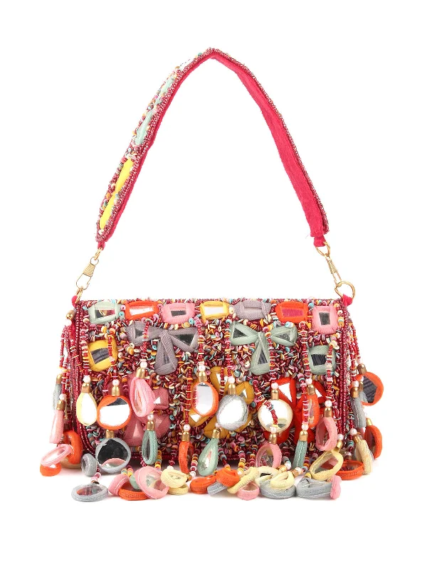 Miniature evening bag with a fold - over clasp for a compact optionOdette Multicolor Tassels Embellished Clutch For Women