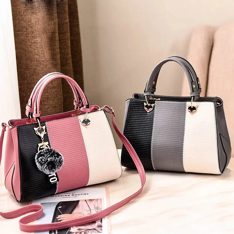 Women's metallic leather clutch bags for glamorous eveningsOLB044 Hairball Pendant Women Handbags Crossbody Shoulder Ladies Leather Handbags Tassel Patchwork Fashion Women Messenger Bags