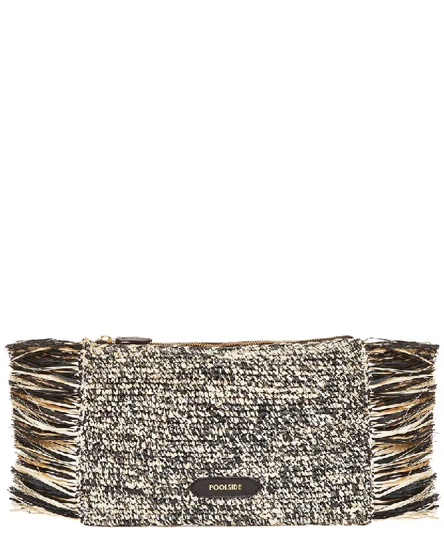 Sequined clutch in a metallic color for a party lookPOOLSIDE Tropical Fringe Raffia Clutch