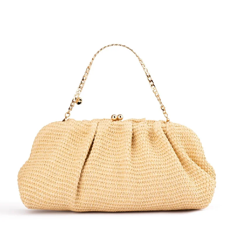 Silk - lined handle bag with a smooth interior to protect belongingsQUEENIE Gathered Woven Clutch